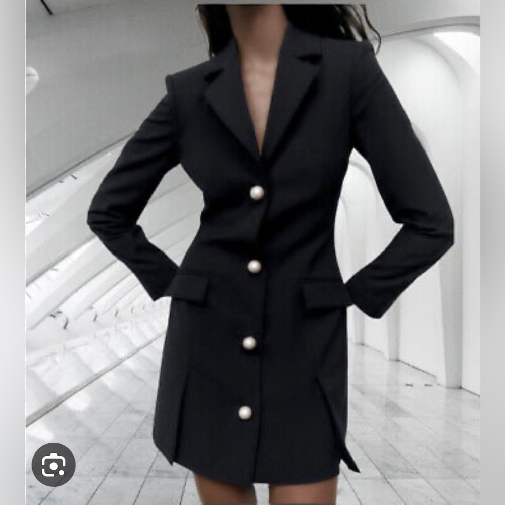 Zara: black blazer mini dress with pearl buttons